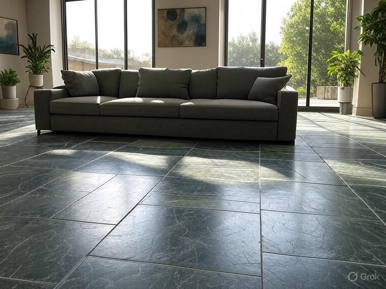 Modern living room with polished Kota stone flooring in grey and green shades