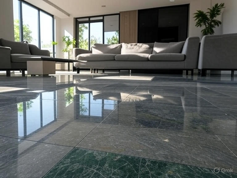 Modern living room with polished Kota stone flooring in grey and green shades
