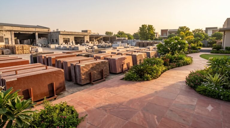 Premium Red Colour Kota Stone slabs used for outdoor flooring and landscaping in Rajasthan